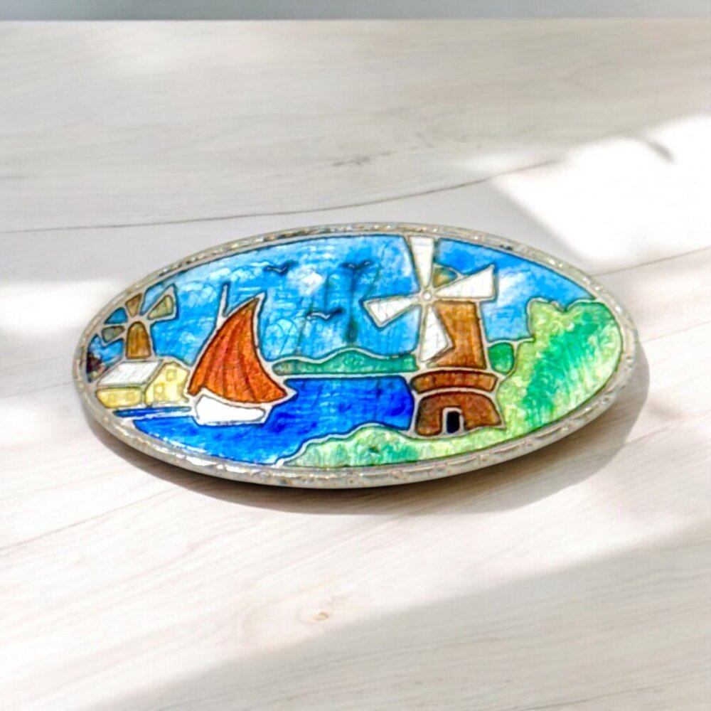 Vintage Guilloche Enamel Holland/Netherlands Scene Pin/Brooch